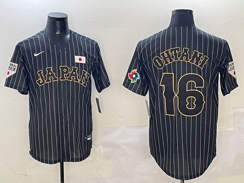 Men 2025 World Cub Japan #16 Ohtani Black Stripe Nike MLB Jersey style 3
